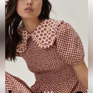 Neon Rose midi smock dress w/ shirring and collar detail in pink gingham - Large